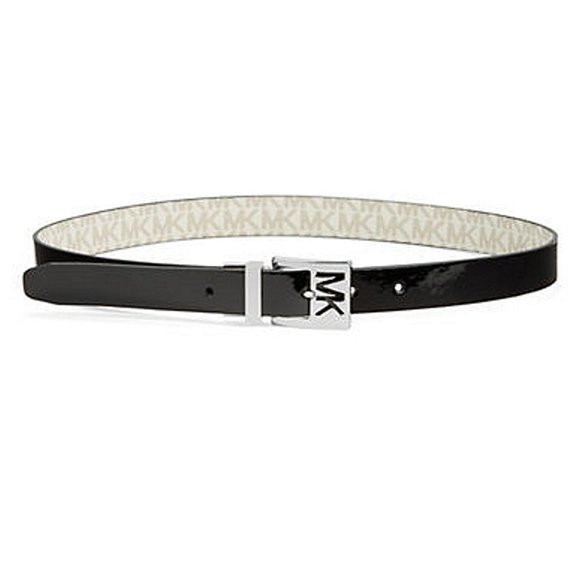 MICHAEL KORS Black White Pebbled Logo Patent Leather Reversible Signature Belt M